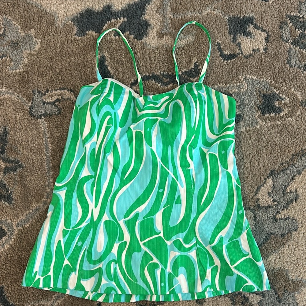 Lilly Pulitzer McCallum Green Finders Keepers Patterned Tank Top Tie Back Sz 4